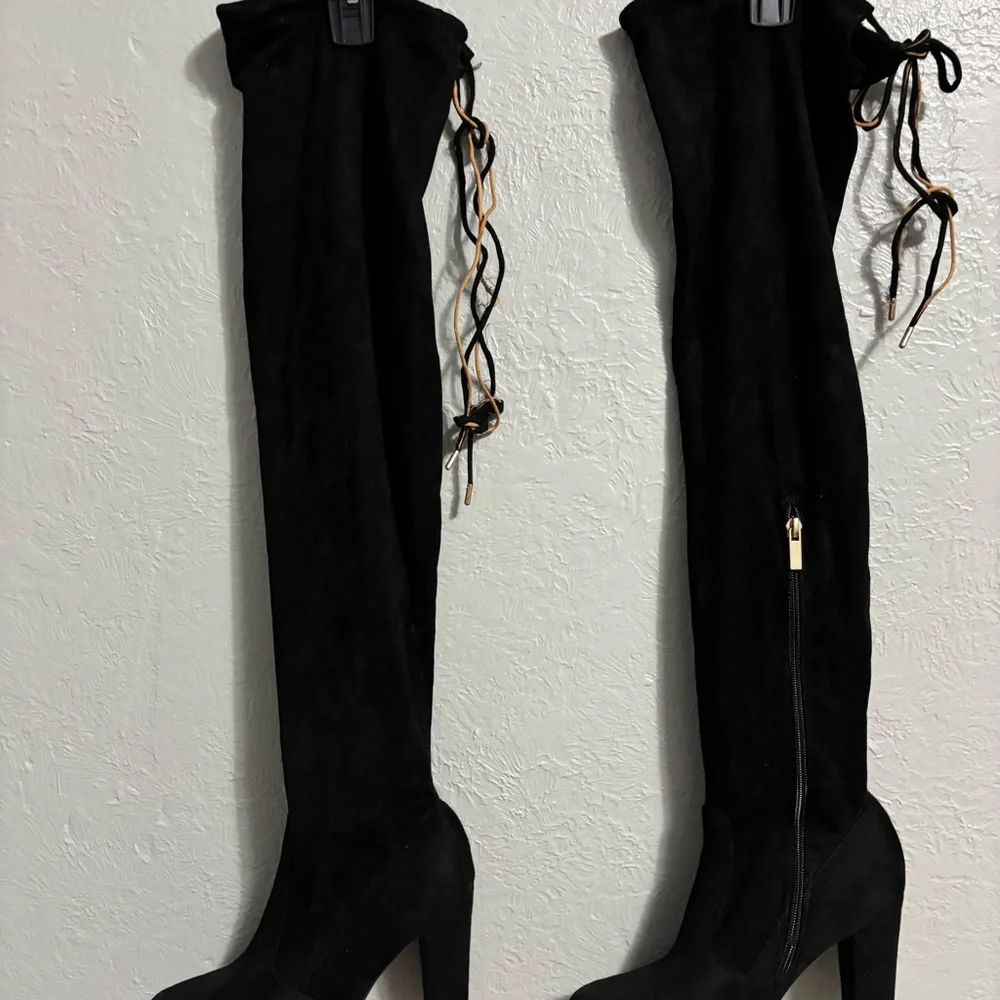 BAMBOO Black Over-the-Knee Boots with Lace Detail